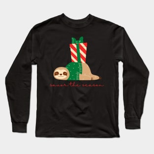 Sleepy Christmas Sloth with Savor the Season Long Sleeve T-Shirt